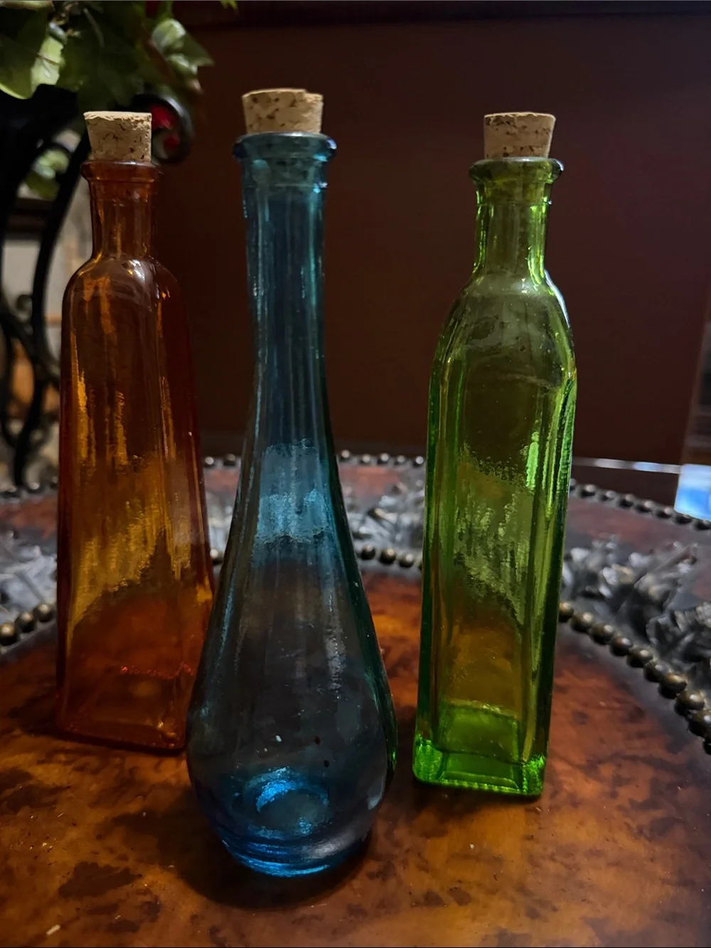 Pier 1 Blue, Amber & Green Glass Bottle Trio with Corks - Each 6 in tall